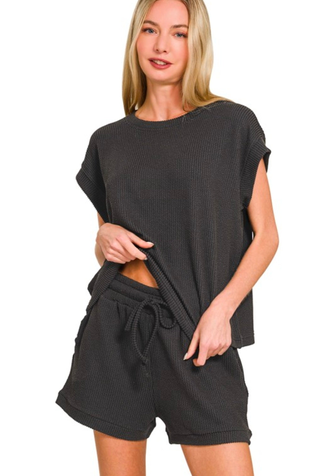 Zenana Rib Sleeve Top & Short Set
